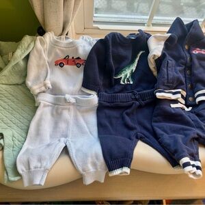Janie & Jack 0-3 Baby Knit Outfit bundle with Car and Dinosaur Designs